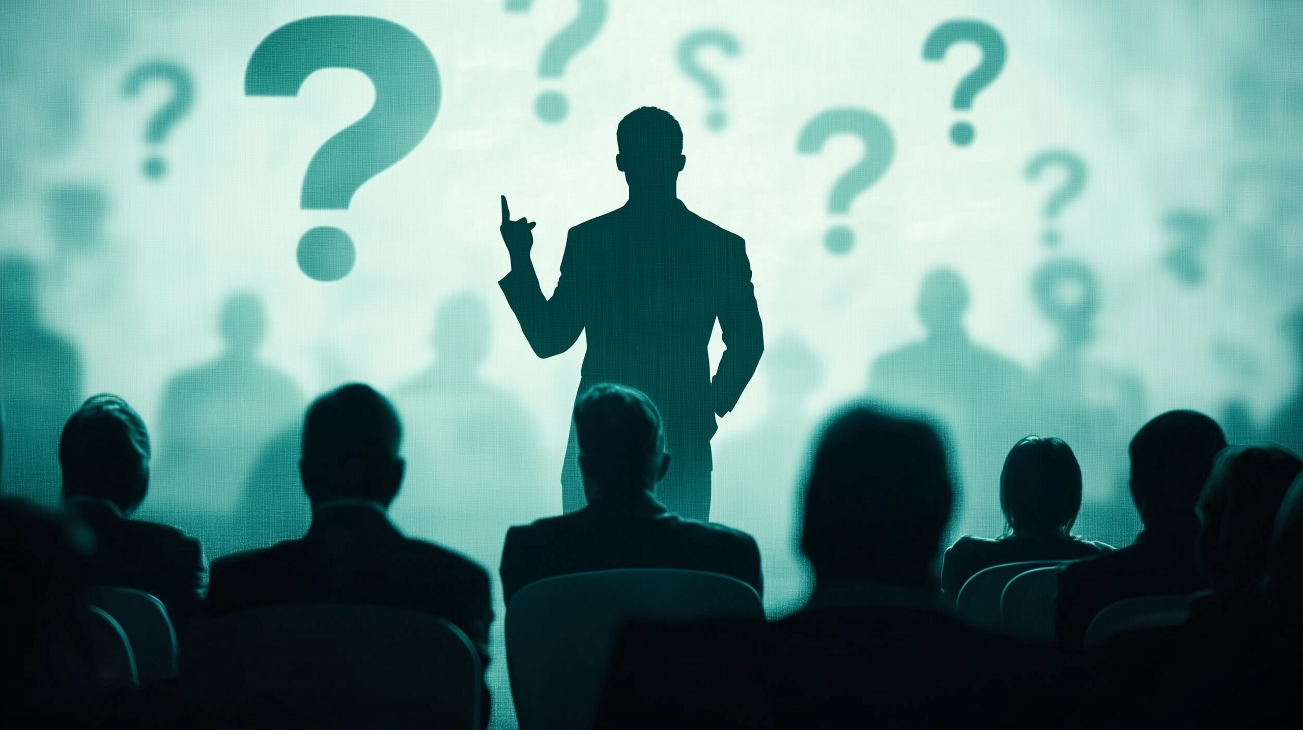 Silhouetted speaker with question marks symbolizes inquiry in survey communication.